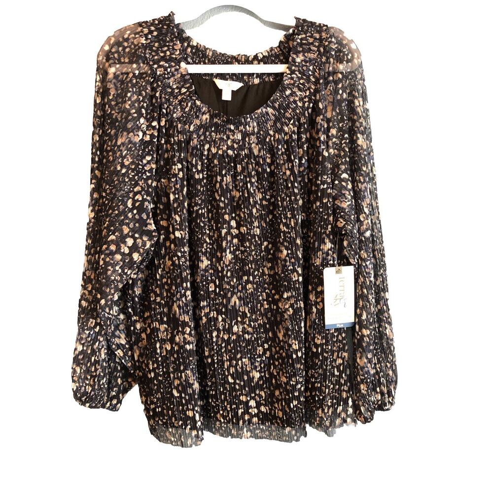 Terra & Sky Black Pleated Blouse with Tan and Cream Dot Print